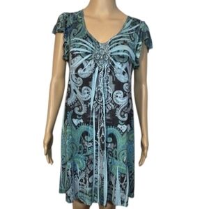Apt 9 Dress Midi Beaded Patterened Short sleeve Blue Green Womens Size PXL